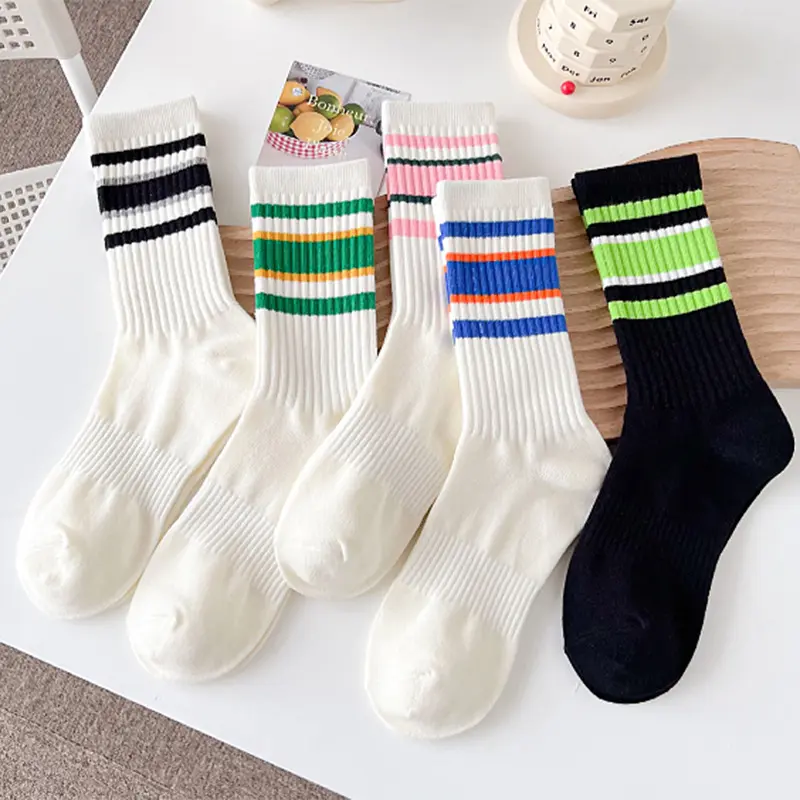 5Pairs/Set White Striped Socks Women Korean INS Middle Tube Sock Female Spring Autumn Soft Cotton Sport Socks