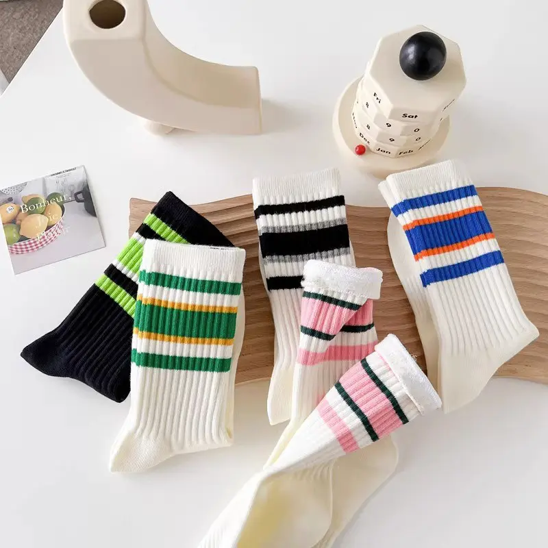 5Pairs/Set White Striped Socks Women Korean INS Middle Tube Sock Female Spring Autumn Soft Cotton Sport Socks