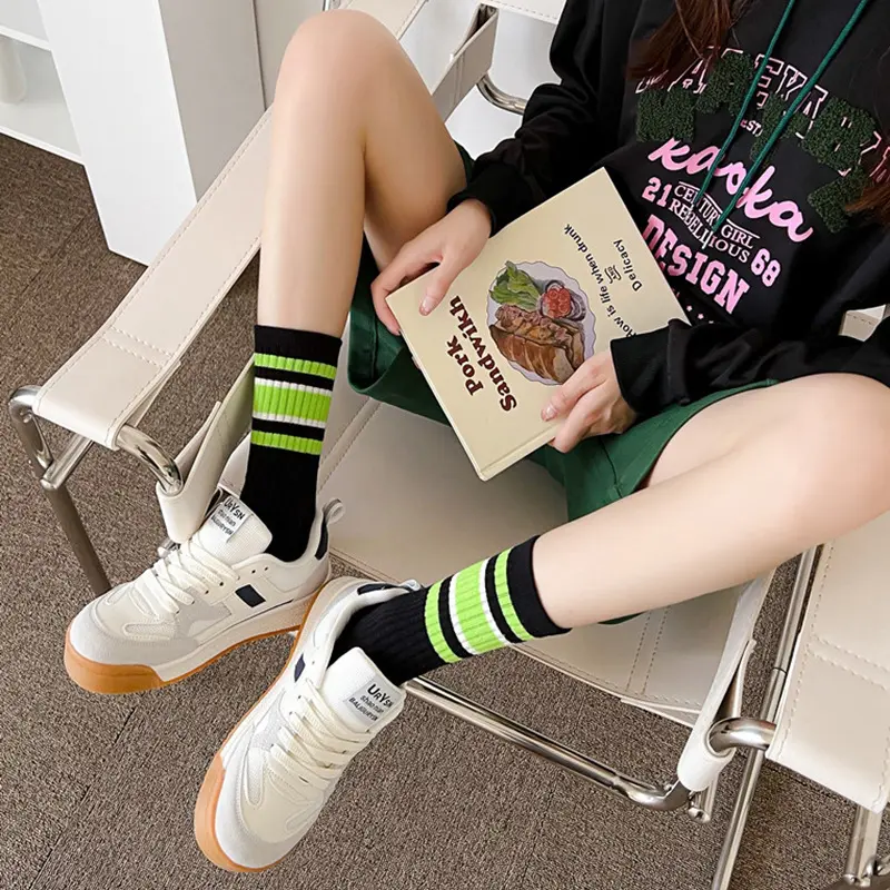 5Pairs/Set White Striped Socks Women Korean INS Middle Tube Sock Female Spring Autumn Soft Cotton Sport Socks