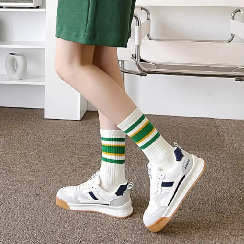 5Pairs/Set White Striped Socks Women Korean INS Middle Tube Sock Female Spring Autumn Soft Cotton Sport Socks
