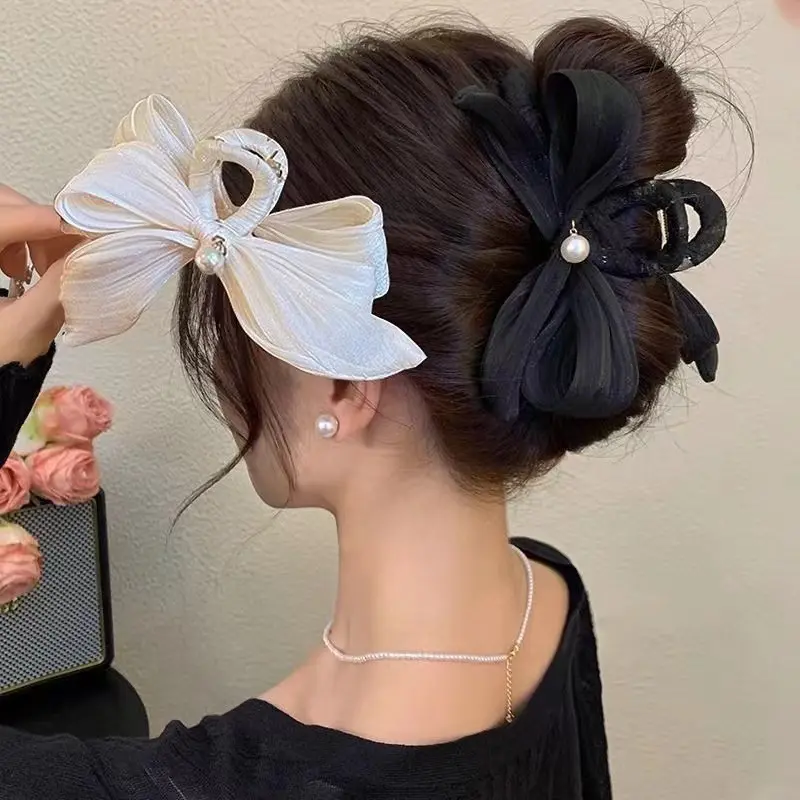 Elegant Big Bow Hair Claws for Women Lady Fashion Solid Color Large Shark Hair Clips Headdress for Girl Bowknot Hair Accessory