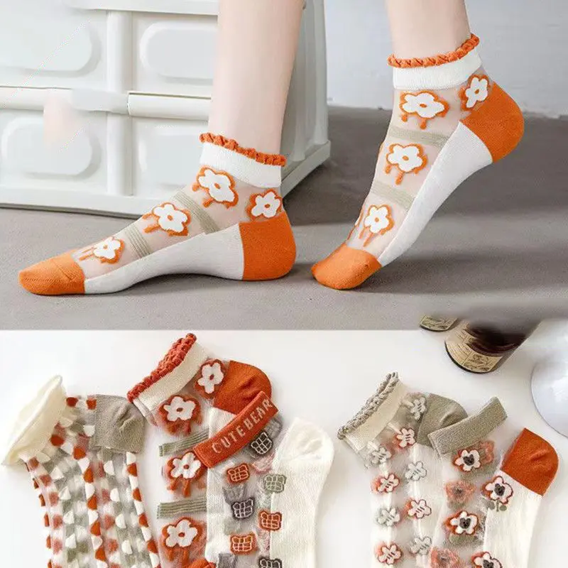 5Pairs/Set Korean Flower Socks Women Summer Ultra-thin Crystal Silk Sock Female Breathable Transparent Mesh Floral Socks