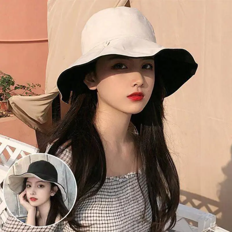 Double Sided Wear Bucket Hats for Women Summer Wide Brim Flodable Fisherman Caps Outdoor Girl Anti-UV Sunscreen Basin Caps