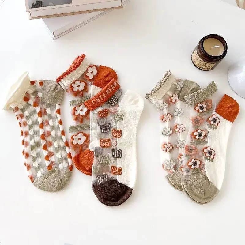 5Pairs/Set Korean Flower Socks Women Summer Ultra-thin Crystal Silk Sock Female Breathable Transparent Mesh Floral Socks