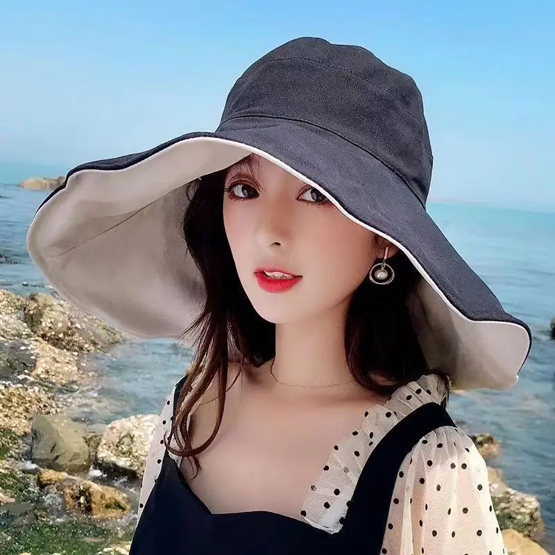 Double Sided Wear Bucket Hats for Women Summer Wide Brim Flodable Fisherman Caps Outdoor Girl Anti-UV Sunscreen Basin Caps