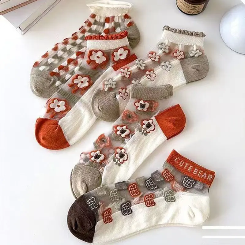5Pairs/Set Korean Flower Socks Women Summer Ultra-thin Crystal Silk Sock Female Breathable Transparent Mesh Floral Socks