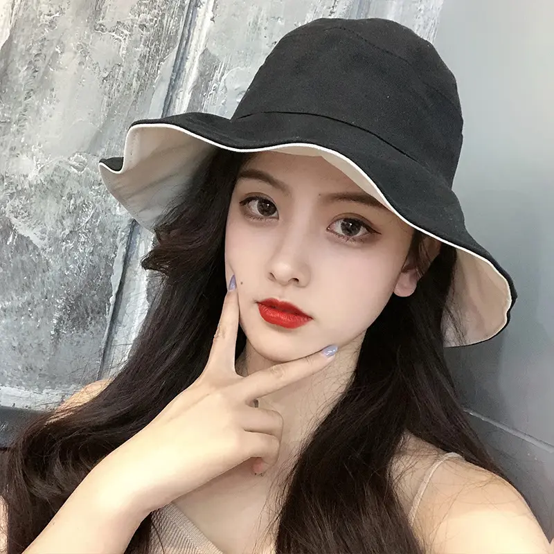 Double Sided Wear Bucket Hats for Women Summer Wide Brim Flodable Fisherman Caps Outdoor Girl Anti-UV Sunscreen Basin Caps