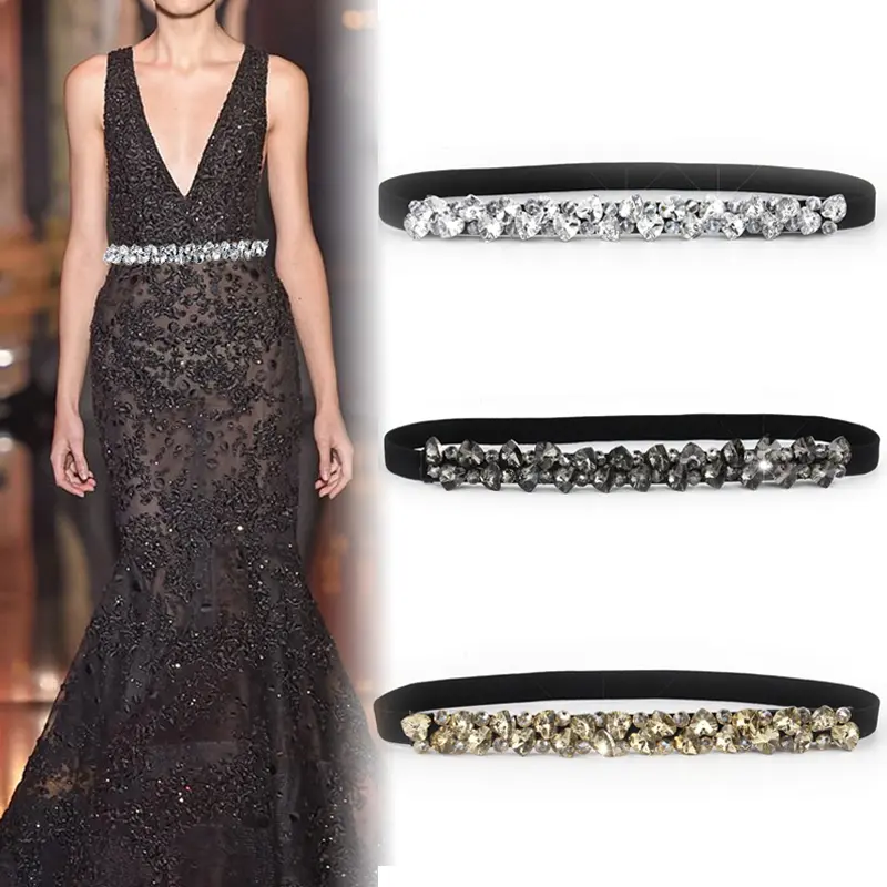 Fashion Rhinestone Crystal Belts For Women Black Gold Luxury Waist Belts Lady Female Dress Shirt Decorative Straps