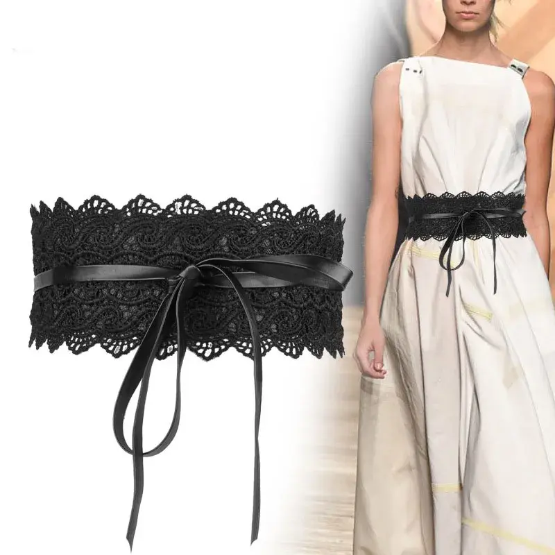 Black Lace Corset Belts for Women Vintage Bow Faux Leather Wide Waistband Lady Dress Shirt Decorative Straps Cummerbunds