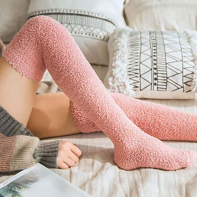New Soft Coral Fleece Stockings Women Winter Solid Color Warm Thigh High Stockings Home Keep Warm Over Knee High Long Socks