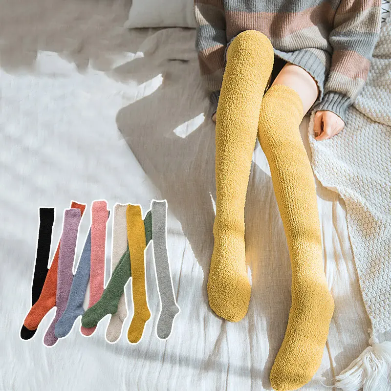 New Soft Coral Fleece Stockings Women Winter Solid Color Warm Thigh High Stockings Home Keep Warm Over Knee High Long Socks