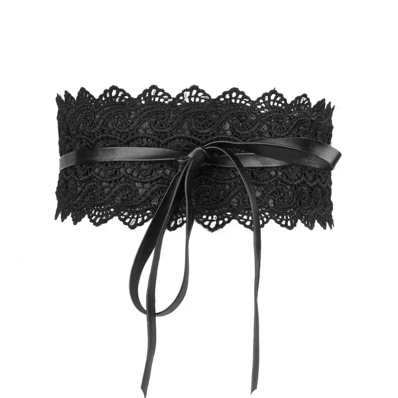 Black Lace Corset Belts for Women Vintage Bow Faux Leather Wide Waistband Lady Dress Shirt Decorative Straps Cummerbunds