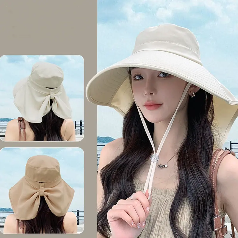Summer Women Sunshade Hats Large Brim Solid Color UV Protection Shawl Hats Outdoor Neck Protection Panama Sun Hats