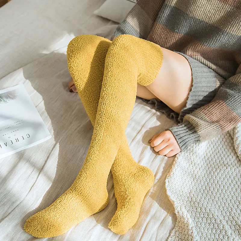 New Soft Coral Fleece Stockings Women Winter Solid Color Warm Thigh High Stockings Home Keep Warm Over Knee High Long Socks