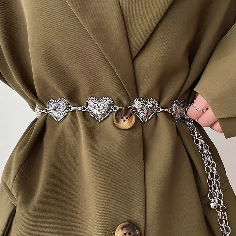 Fashion Carved Heart Waist Chain for Women Lady Vintage Ethnic Style Metal Belts Female Dress Shirt Decorative Straps Girdle