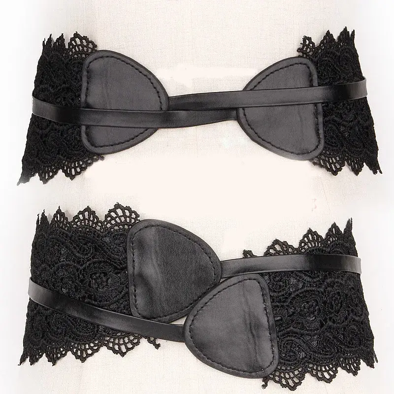 Black Lace Corset Belts for Women Vintage Bow Faux Leather Wide Waistband Lady Dress Shirt Decorative Straps Cummerbunds