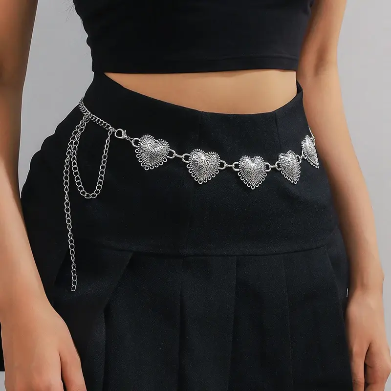 Fashion Carved Heart Waist Chain for Women Lady Vintage Ethnic Style Metal Belts Female Dress Shirt Decorative Straps Girdle