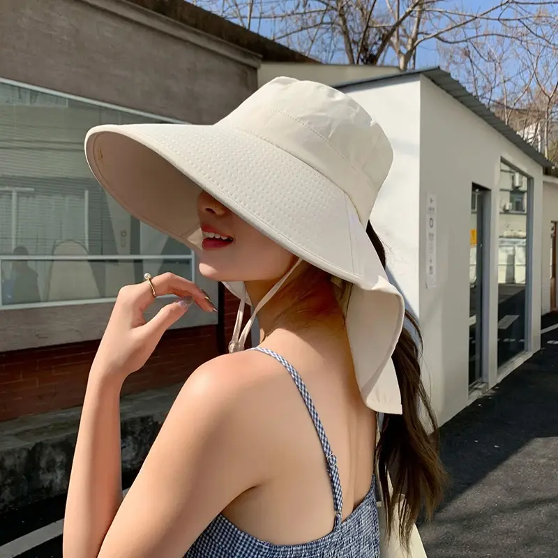 Summer Women Sunshade Hats Large Brim Solid Color UV Protection Shawl Hats Outdoor Neck Protection Panama Sun Hats