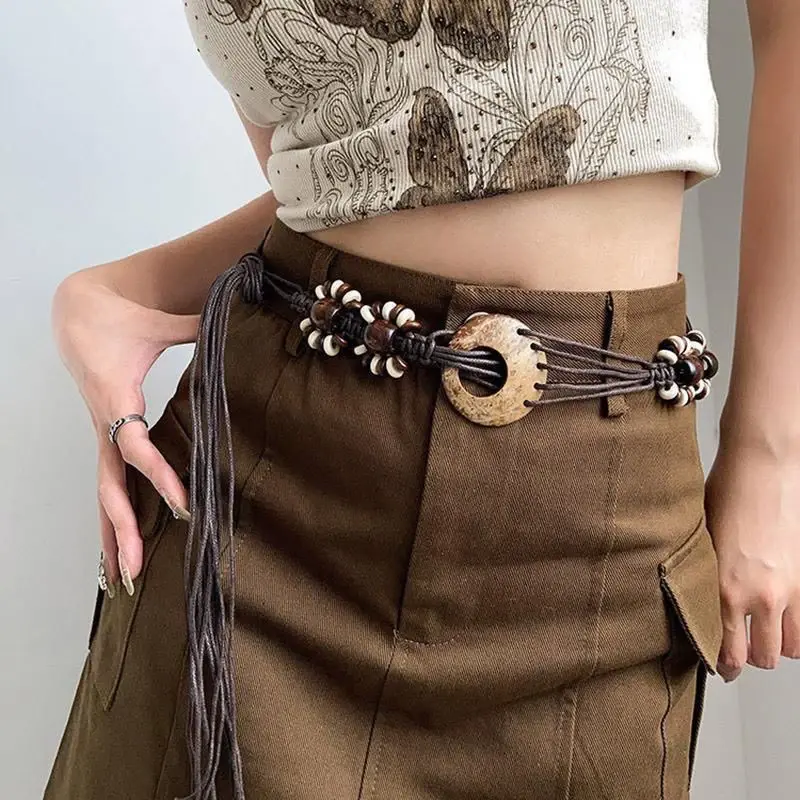 Vintage Bohemian Woven Waist Chain for Women Fashion Breads Knit Waist Rope Lady Dress Shirt Decorative Straps Girdle