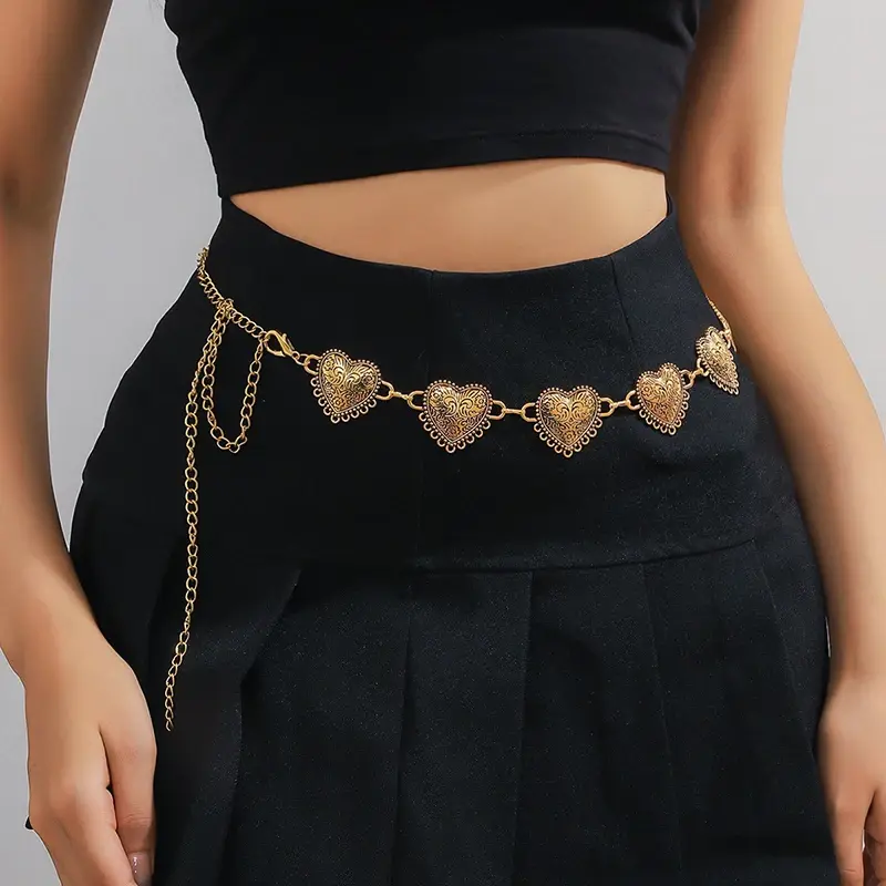 Fashion Carved Heart Waist Chain for Women Lady Vintage Ethnic Style Metal Belts Female Dress Shirt Decorative Straps Girdle