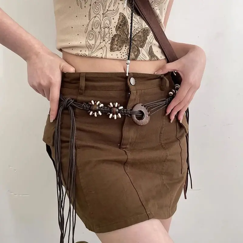 Vintage Bohemian Woven Waist Chain for Women Fashion Breads Knit Waist Rope Lady Dress Shirt Decorative Straps Girdle
