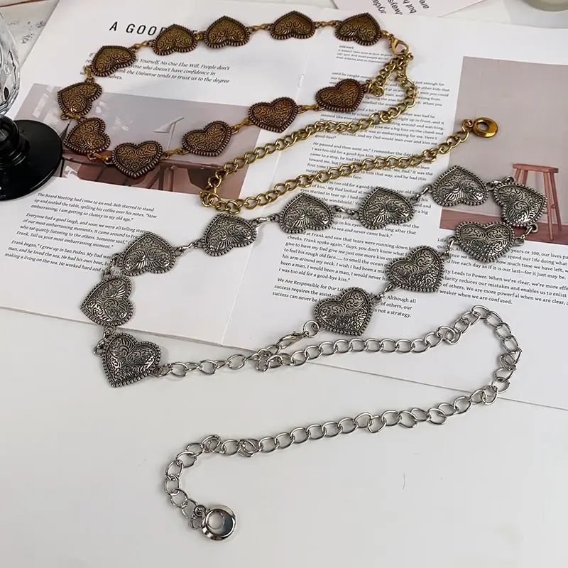 Fashion Carved Heart Waist Chain for Women Lady Vintage Ethnic Style Metal Belts Female Dress Shirt Decorative Straps Girdle
