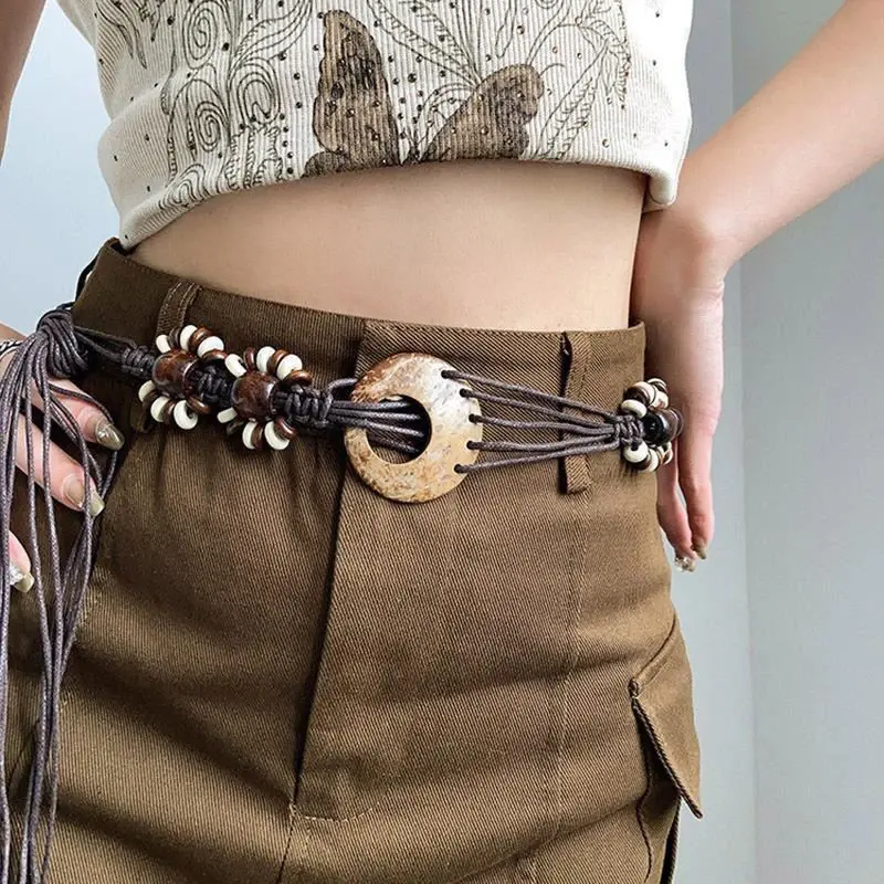 Vintage Bohemian Woven Waist Chain for Women Fashion Breads Knit Waist Rope Lady Dress Shirt Decorative Straps Girdle