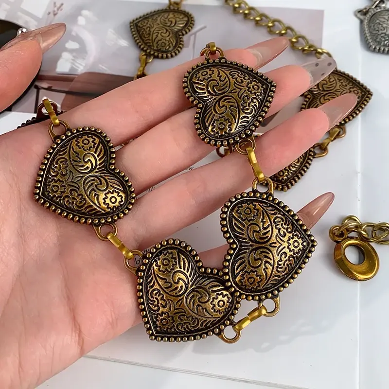 Fashion Carved Heart Waist Chain for Women Lady Vintage Ethnic Style Metal Belts Female Dress Shirt Decorative Straps Girdle