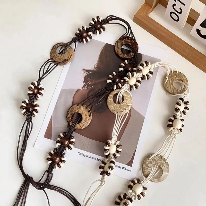 Vintage Bohemian Woven Waist Chain for Women Fashion Breads Knit Waist Rope Lady Dress Shirt Decorative Straps Girdle