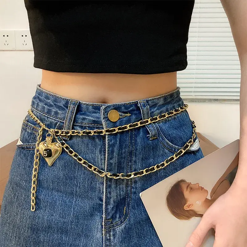 Love Heart Woven Waist Chains for Women Retro Metal Pendant Waistband Belts Lady Dress Pants Decorative Straps Fashion Accessory