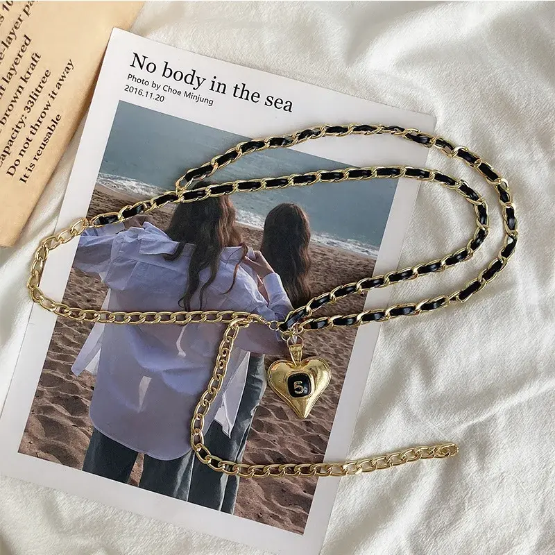 Love Heart Woven Waist Chains for Women Retro Metal Pendant Waistband Belts Lady Dress Pants Decorative Straps Fashion Accessory