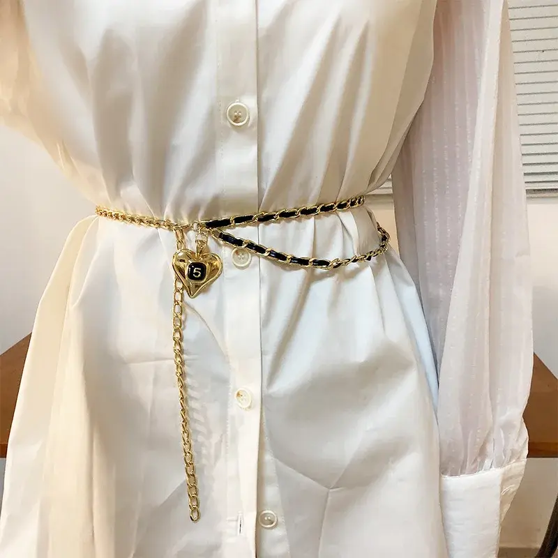 Love Heart Woven Waist Chains for Women Retro Metal Pendant Waistband Belts Lady Dress Pants Decorative Straps Fashion Accessory