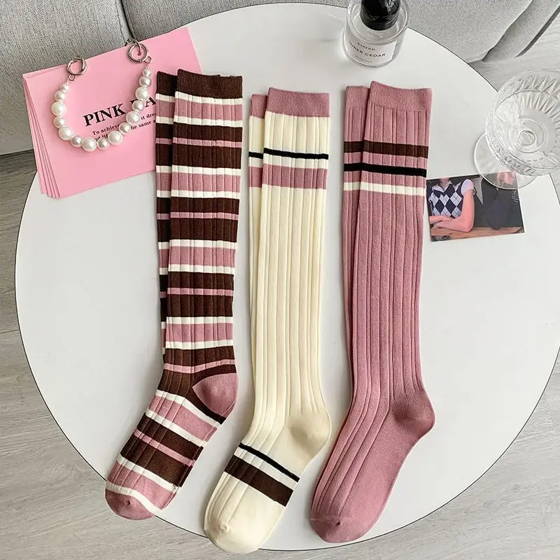 Korean Stripe Women Stockings Pink Spring Autumn Cotton Knee High Socks JK Girl Long Socks Preppy Style Calf Socks
