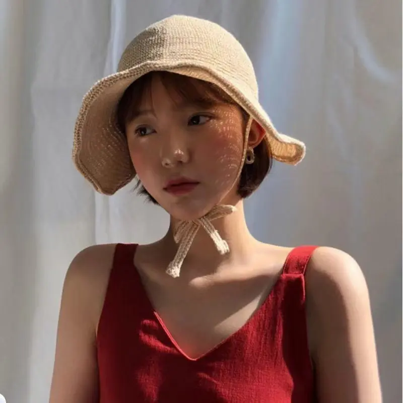 Summer Lacing Straw Hats for Women Solid Color Wide Brim Sun Hats Outdoor Beach Lady Sunscreen Bucket Hats