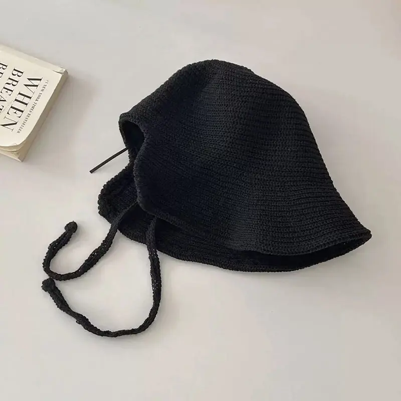 Summer Lacing Straw Hats for Women Solid Color Wide Brim Sun Hats Outdoor Beach Lady Sunscreen Bucket Hats