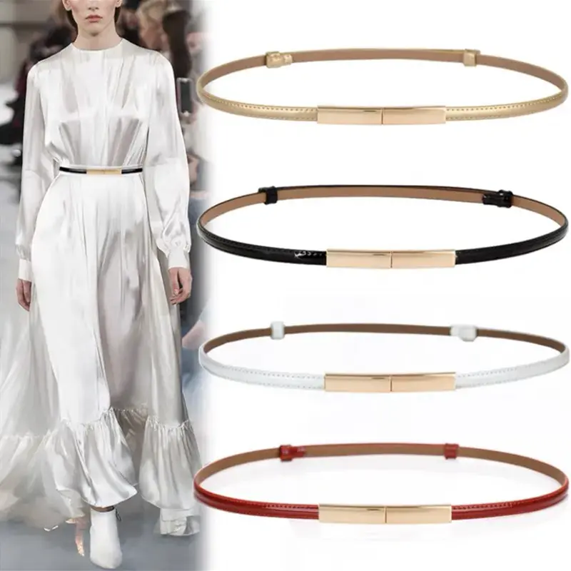 Gold Metal Buckle Women Belts Fashion PU Leather Adjustable Thin Waistband Solid Color Lady Dress Coat Decorative Straps Girdle
