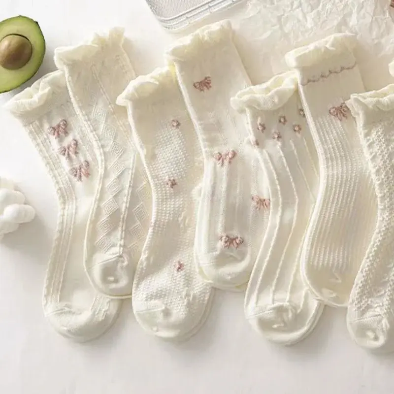 Pink Bow Embroidery Socks for Women Korean Ruffle Spring Summer Thin Middle Tube Socks Harajuku Girl Cotton Lolita Socks