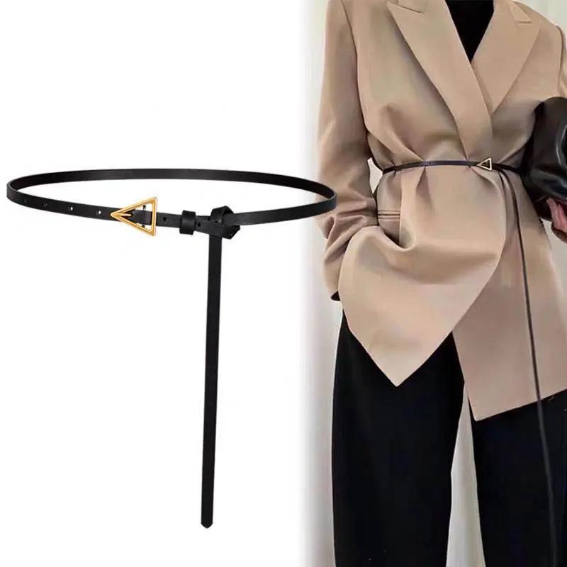 Fashion Triangle Metal Buckle Thin Leather Belts Women Long Bets for Suits Coats Ladies Girls Waistband