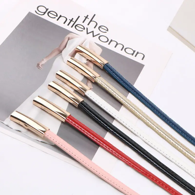 Gold Metal Buckle Women Belts Fashion PU Leather Adjustable Thin Waistband Solid Color Lady Dress Coat Decorative Straps Girdle