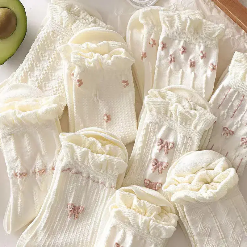 Pink Bow Embroidery Socks for Women Korean Ruffle Spring Summer Thin Middle Tube Socks Harajuku Girl Cotton Lolita Socks