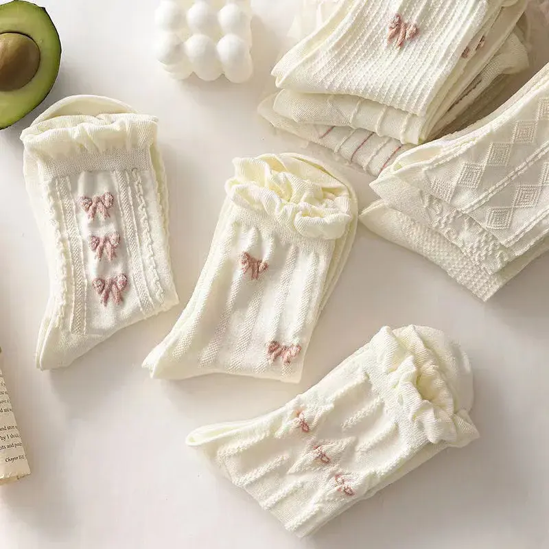 Pink Bow Embroidery Socks for Women Korean Ruffle Spring Summer Thin Middle Tube Socks Harajuku Girl Cotton Lolita Socks