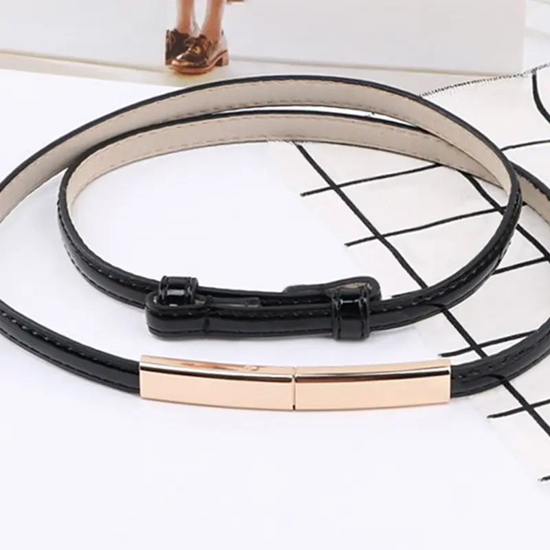 Gold Metal Buckle Women Belts Fashion PU Leather Adjustable Thin Waistband Solid Color Lady Dress Coat Decorative Straps Girdle
