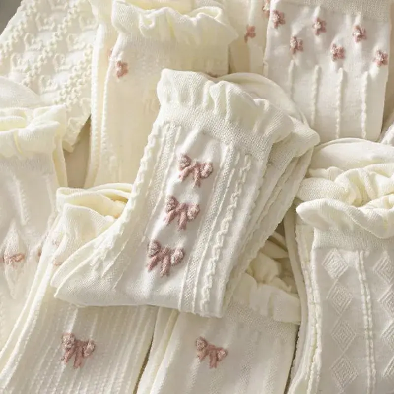 Pink Bow Embroidery Socks for Women Korean Ruffle Spring Summer Thin Middle Tube Socks Harajuku Girl Cotton Lolita Socks