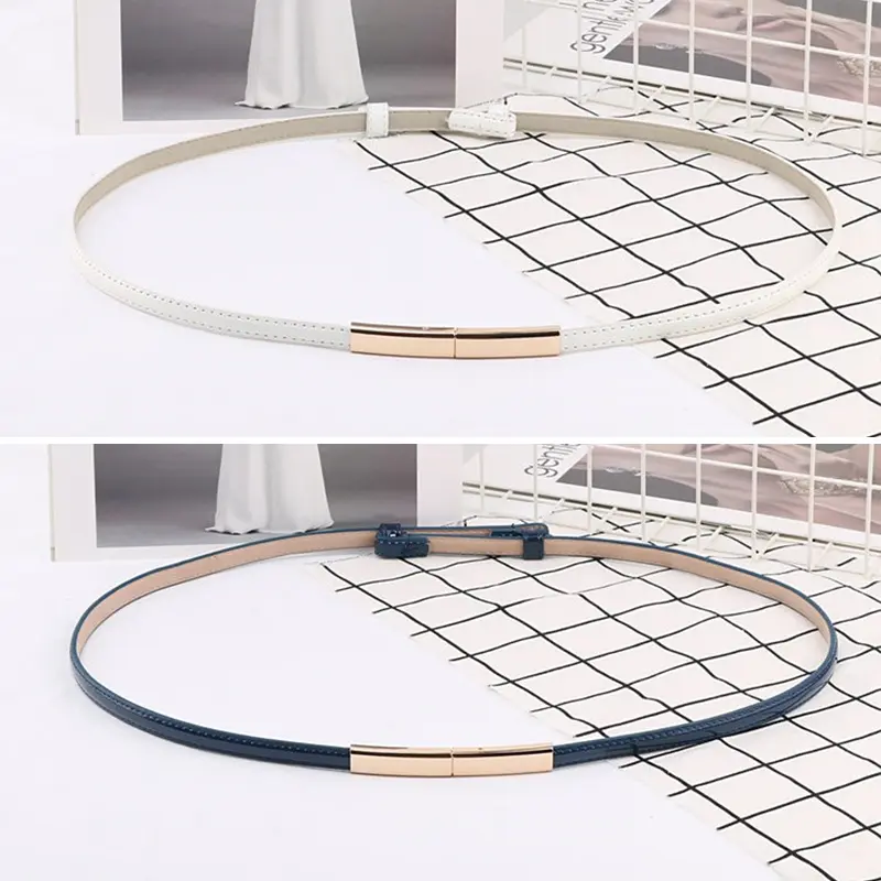 Gold Metal Buckle Women Belts Fashion PU Leather Adjustable Thin Waistband Solid Color Lady Dress Coat Decorative Straps Girdle