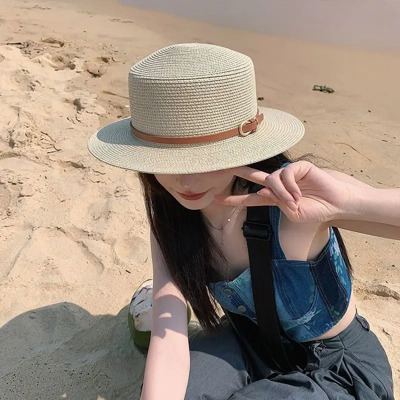Wide Brim Sunscreen Straw Hats for Women Summer Flat Top Jazz Cowboy Caps Travel Beach Lady Girl Sun Protection Panama Hats