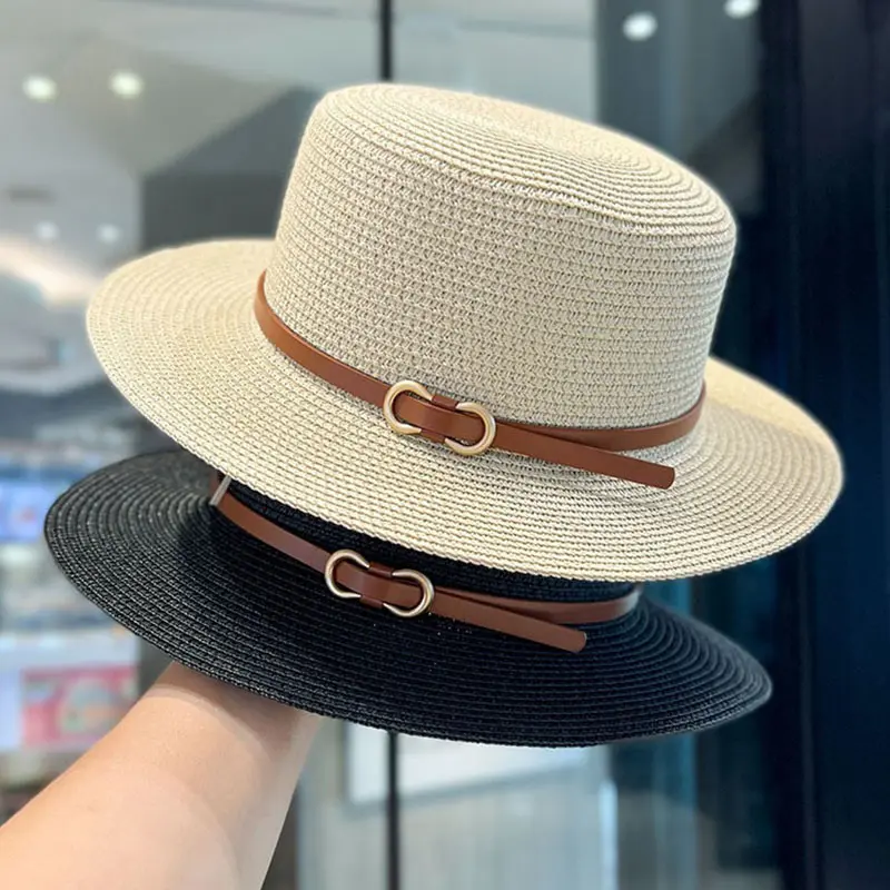 Wide Brim Sunscreen Straw Hats for Women Summer Flat Top Jazz Cowboy Caps Travel Beach Lady Girl Sun Protection Panama Hats