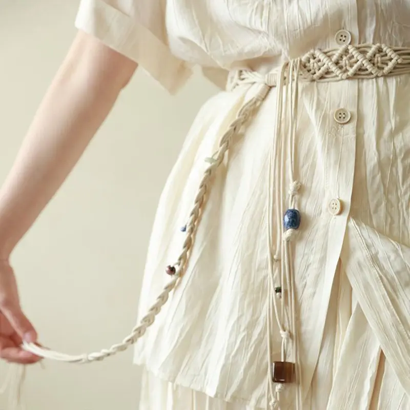 Boho Tassel Bead Waist Belt for Women Lady Ethnic Style Cotton Linen Woven Waistbands Dress Shirt Decorative Waist Strap Ropes