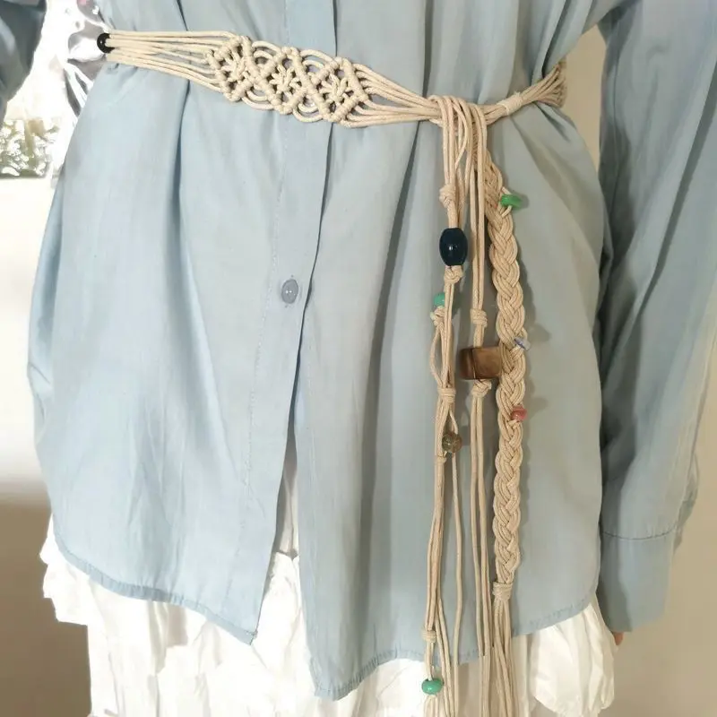 Boho Tassel Bead Waist Belt for Women Lady Ethnic Style Cotton Linen Woven Waistbands Dress Shirt Decorative Waist Strap Ropes
