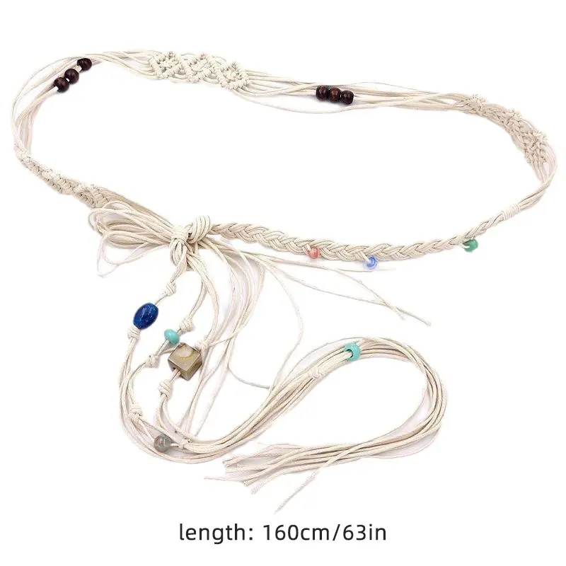 Boho Tassel Bead Waist Belt for Women Lady Ethnic Style Cotton Linen Woven Waistbands Dress Shirt Decorative Waist Strap Ropes