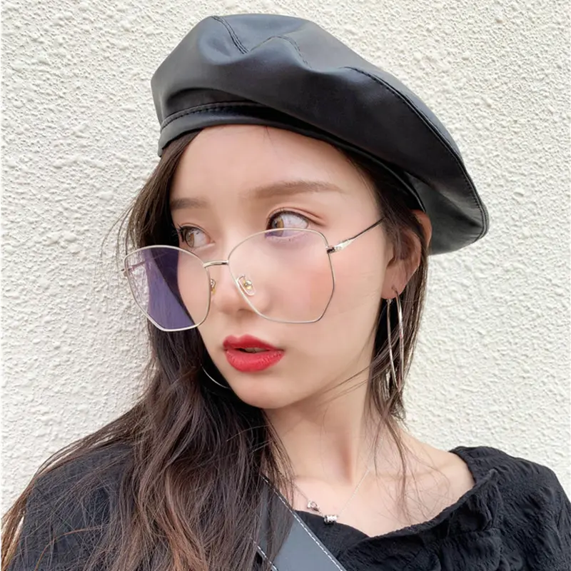 Women Girl Beret Hat French Retro Artist Beanie Hat Elegant Solid Color PU Leather Lady Painter Cap Spring Autumn Lady Berets